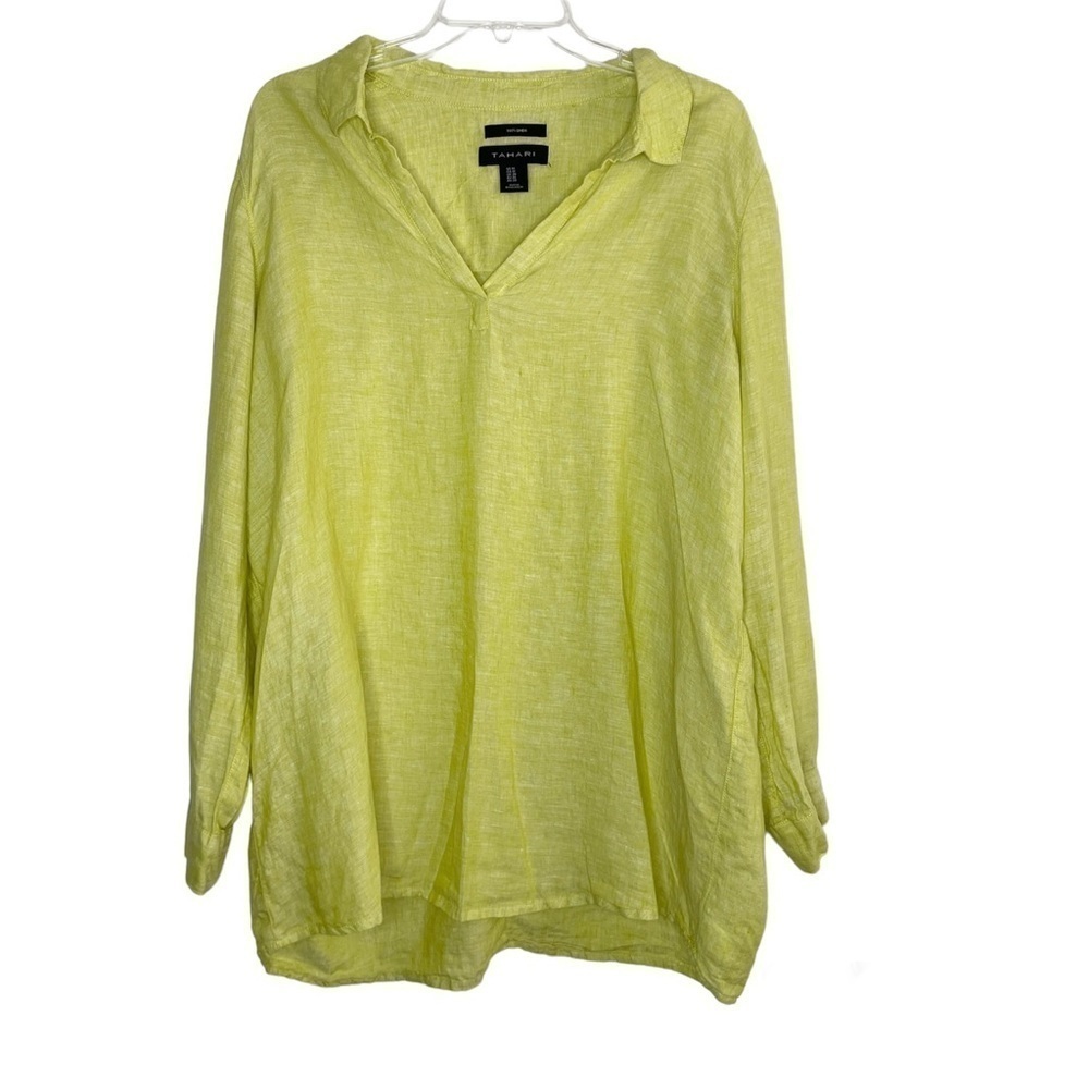 Tahari Lime Green 100% Linen Roll Tab Sleeve Tunic Size 1X V Neck Beach Boho